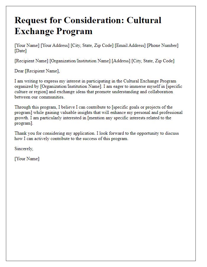 Letter template of request for cultural exchange program consideration