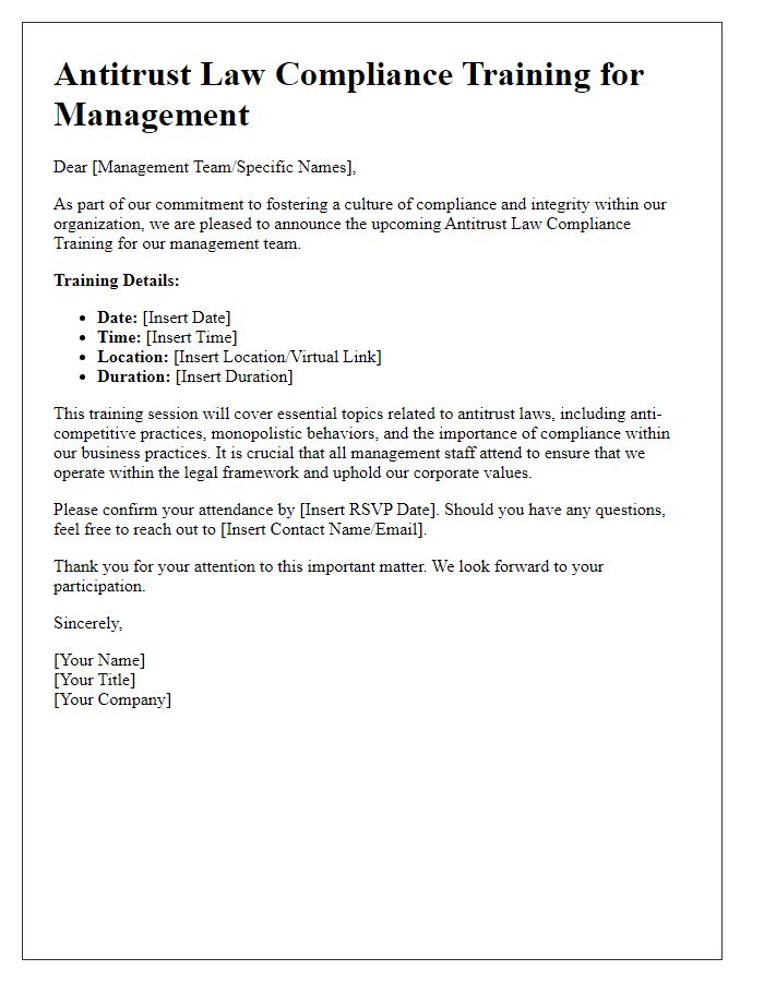 Letter template of antitrust law compliance training for management