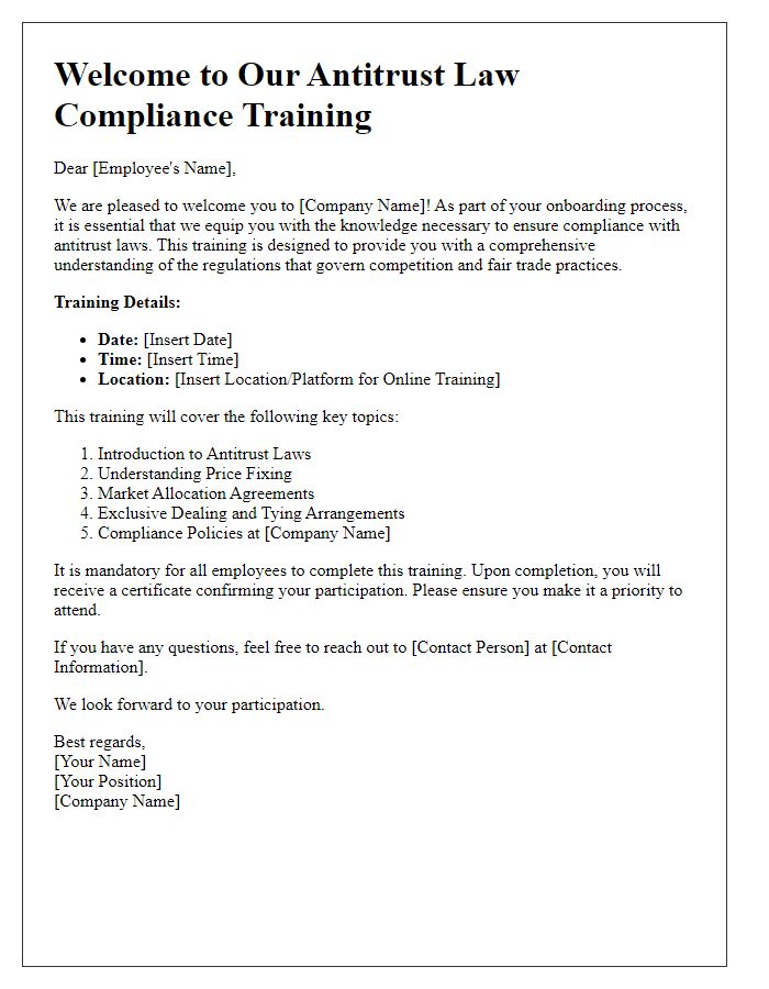 Letter template of antitrust law compliance training for new employees