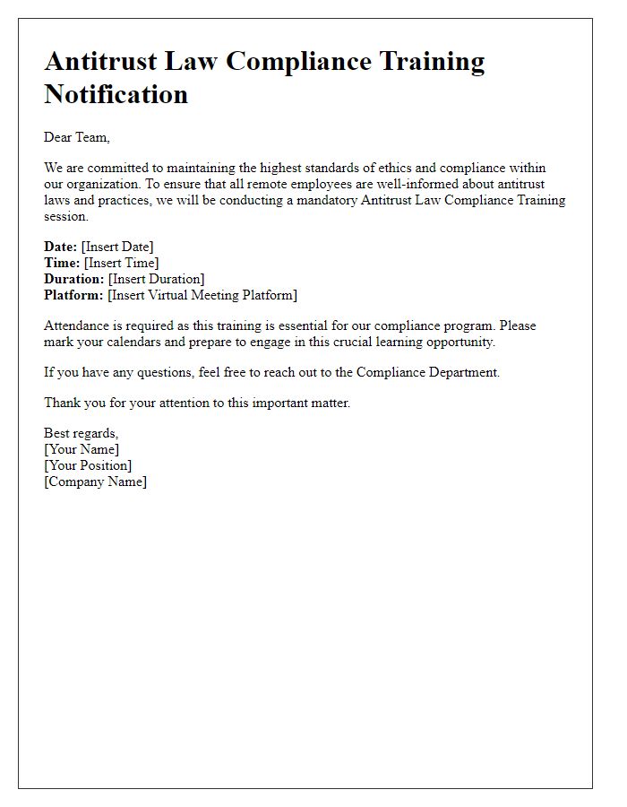 Letter template of antitrust law compliance training for remote employees