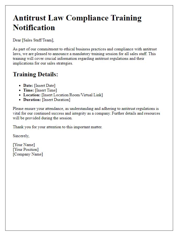 Letter template of antitrust law compliance training for sales staff