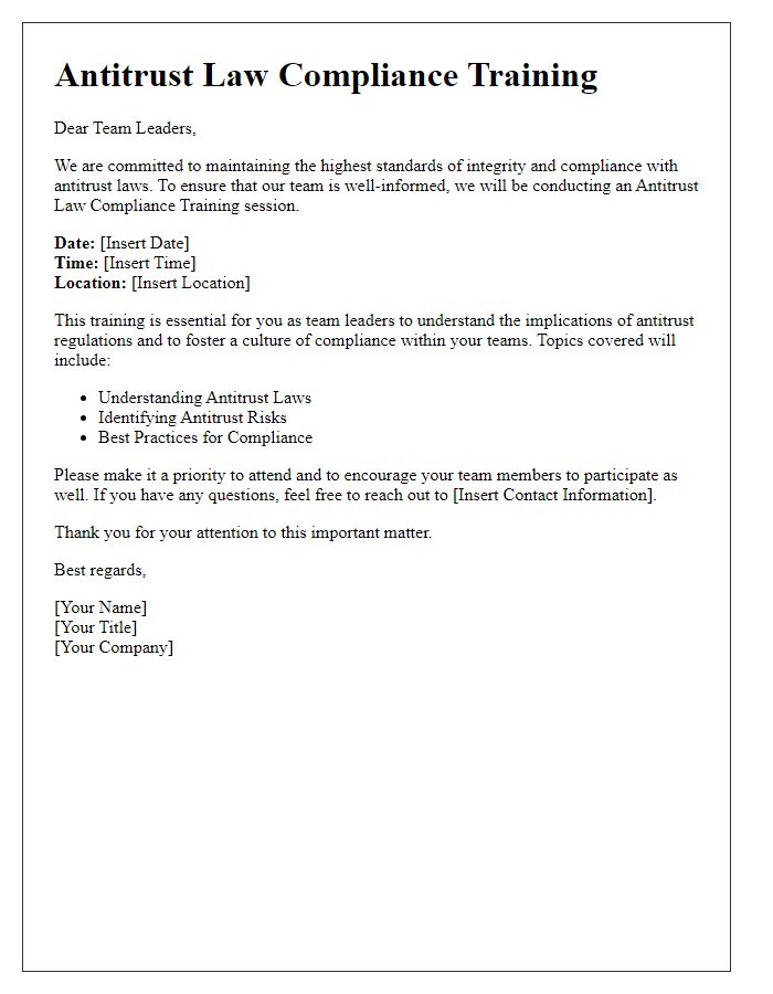 Letter template of antitrust law compliance training for team leaders