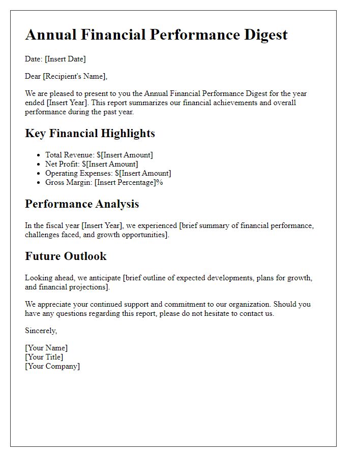 Letter template of annual financial performance digest