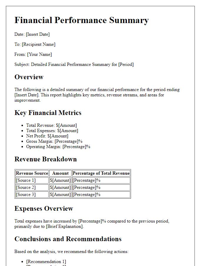 Letter template of detailed financial performance summary