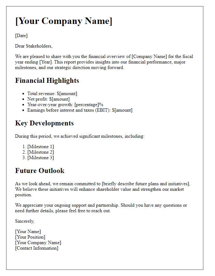 Letter template of financial overview for stakeholders