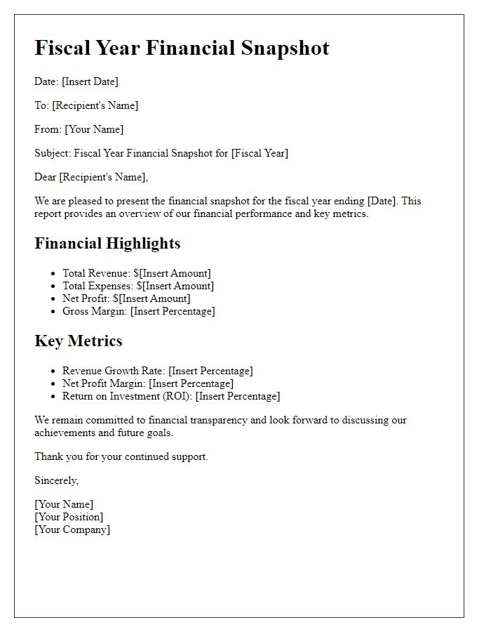 Letter template of fiscal year financial snapshot