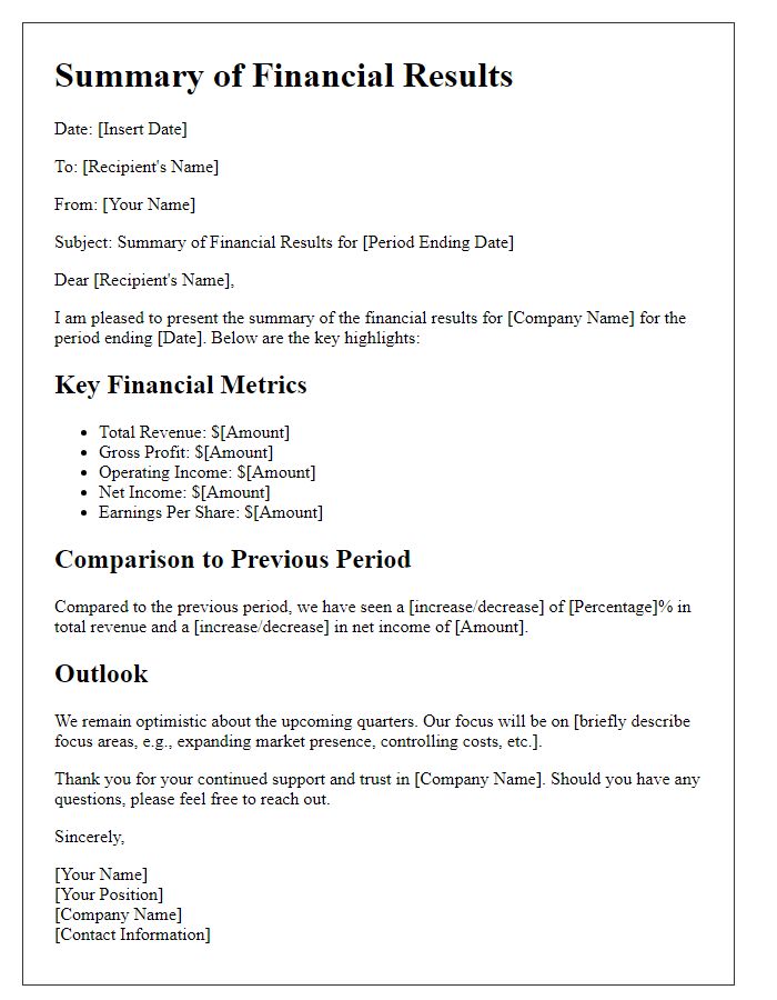 Letter template of summary of financial results