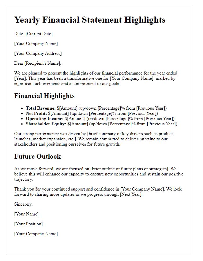 Letter template of yearly financial statement highlights