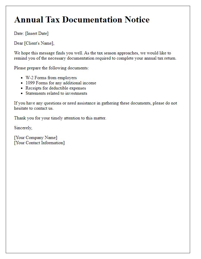 Letter template of client annual tax documentation notice