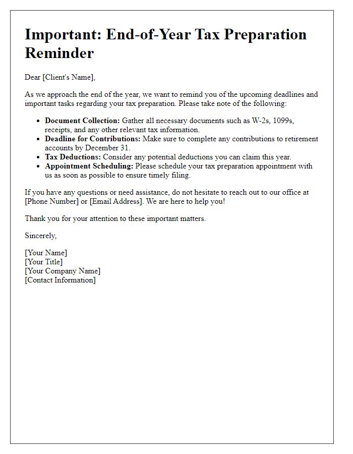 Letter template of client end-of-year tax preparation warning