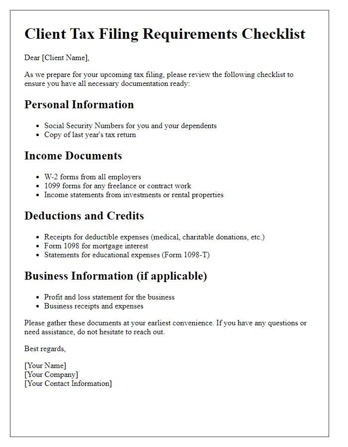 Letter template of client tax filing requirements checklist