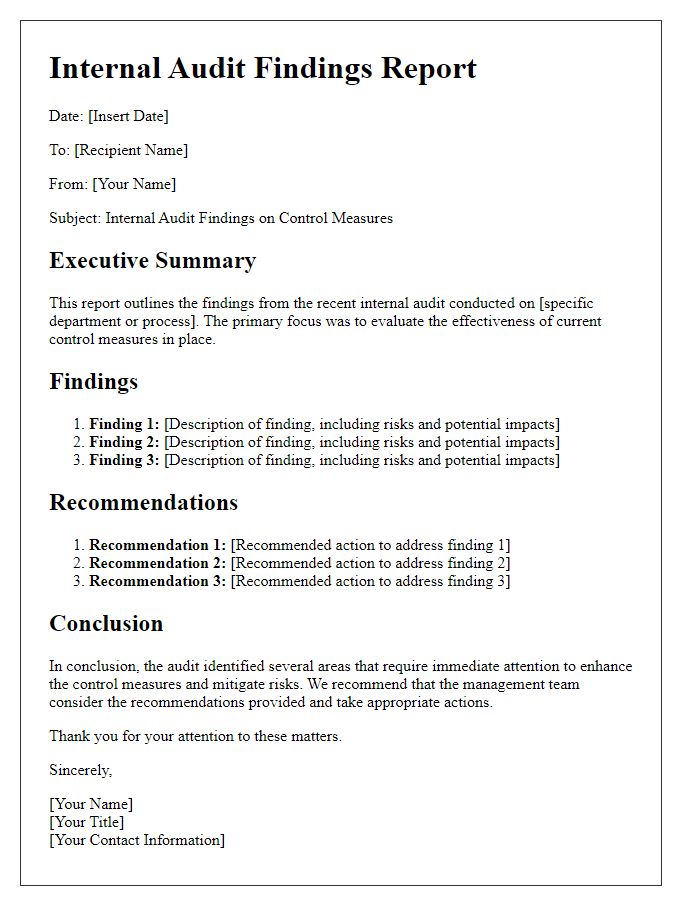 Letter template of internal audit findings on control measures