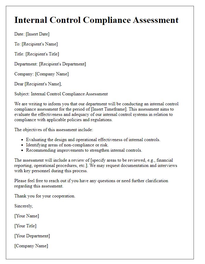 Letter template of internal control compliance assessment