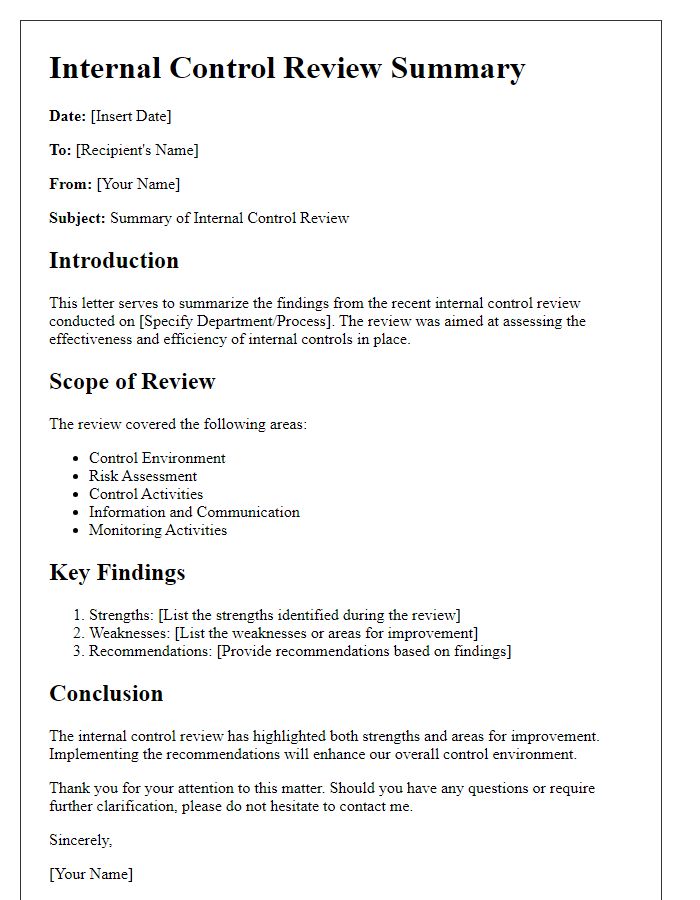 Letter template of internal control review summary