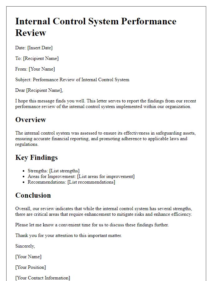 Letter template of internal control system performance review