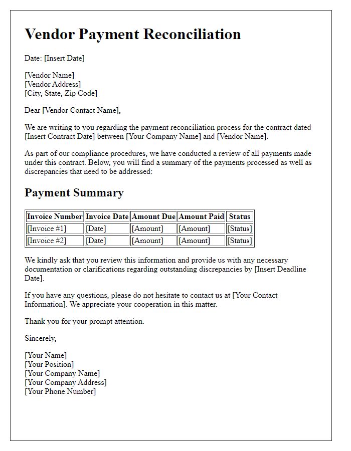 Letter template of vendor payment reconciliation for contract compliance