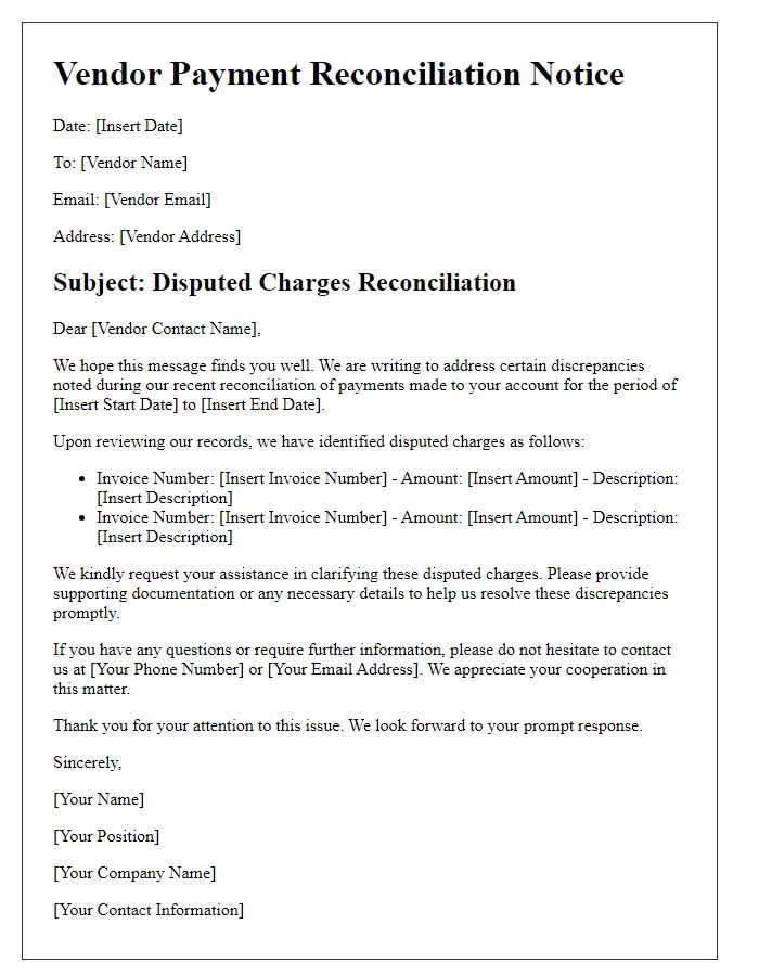 Letter template of vendor payment reconciliation for disputed charges