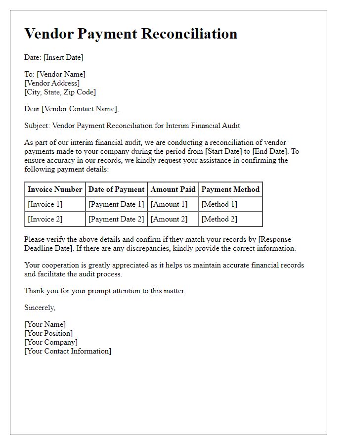 Letter template of vendor payment reconciliation for interim financial audit