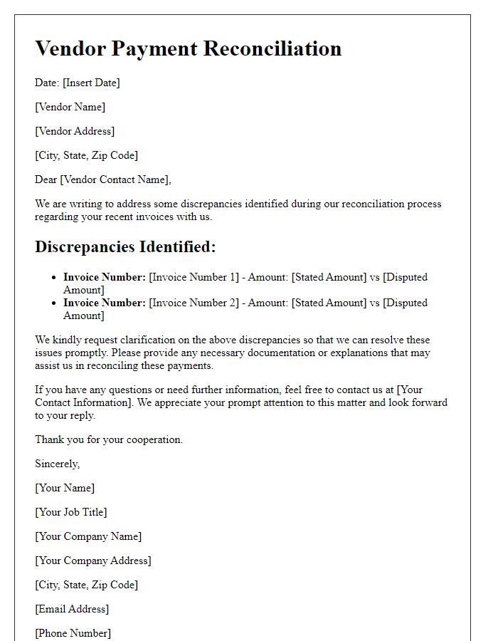 Letter template of vendor payment reconciliation for invoice discrepancies