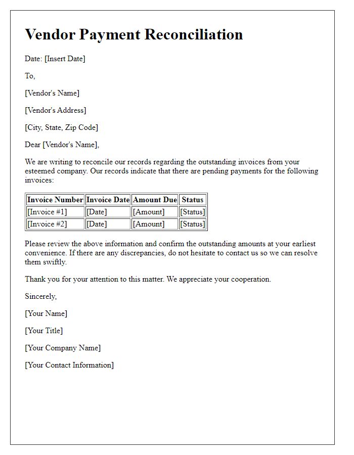 Letter template of vendor payment reconciliation for outstanding invoices