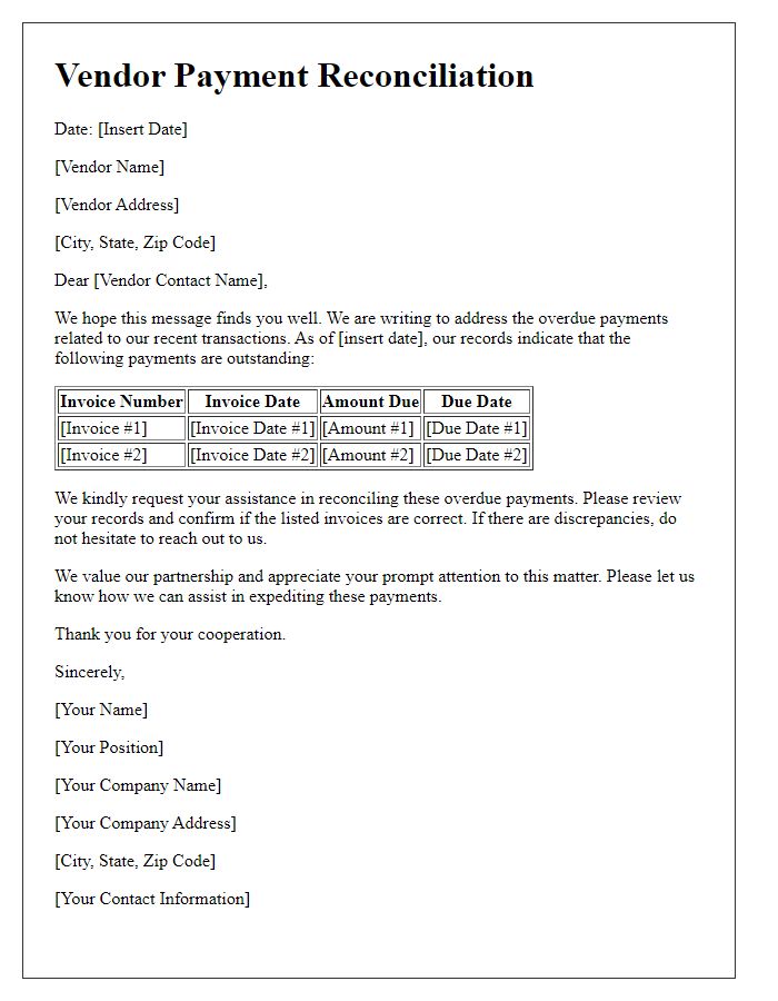 Letter template of vendor payment reconciliation for overdue payments