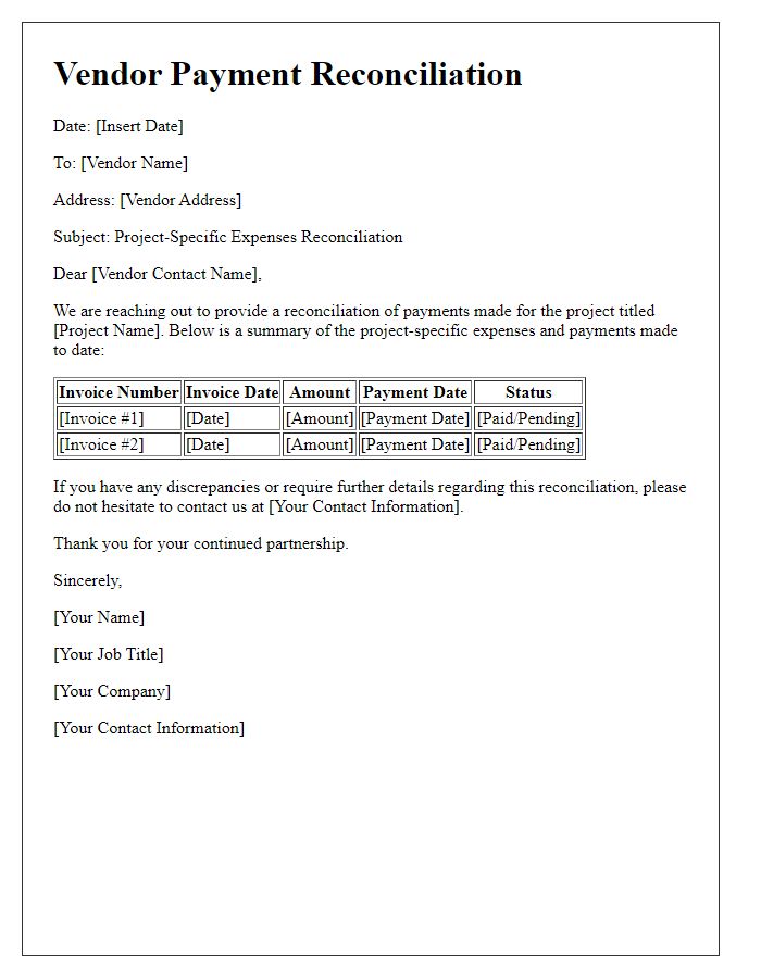 Letter template of vendor payment reconciliation for project-specific expenses