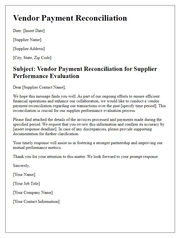 Letter template of vendor payment reconciliation for supplier performance evaluation