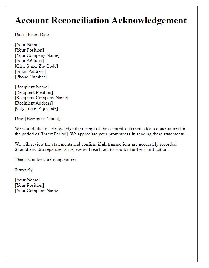 Letter template of account reconciliation acknowledgement for received statements