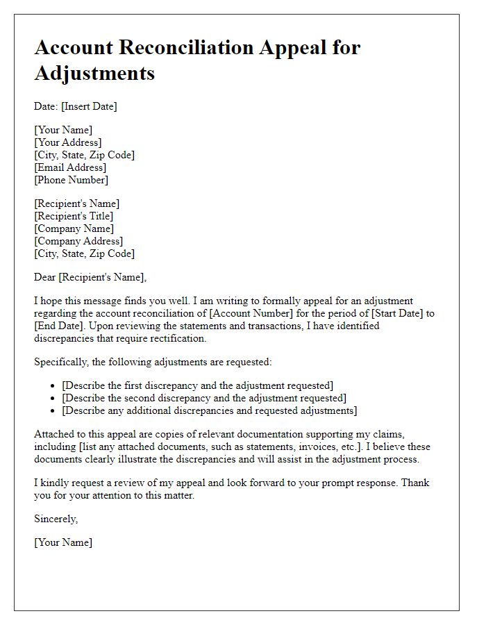 Letter template of account reconciliation appeal for adjustments