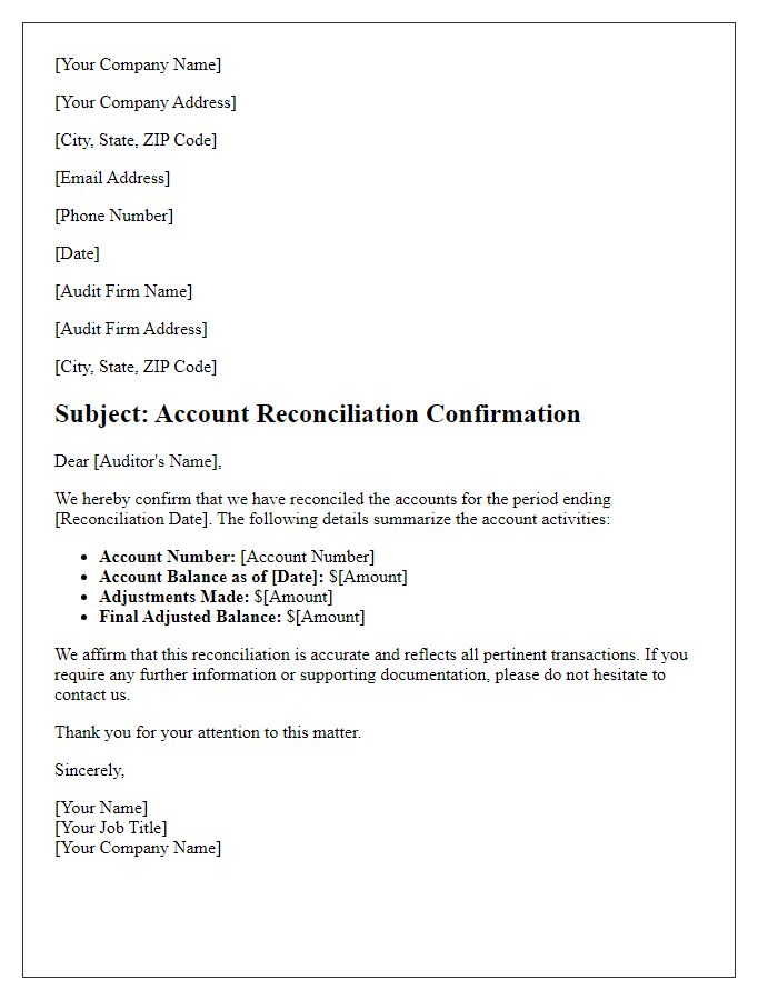 Letter template of account reconciliation confirmation for audit purposes