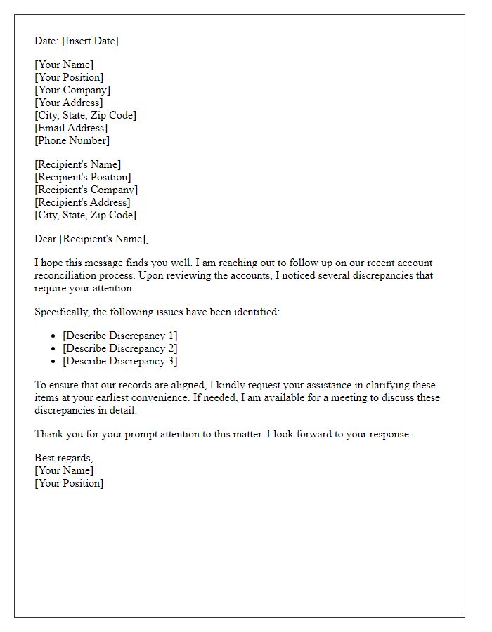 Letter template of account reconciliation follow-up for discrepancies