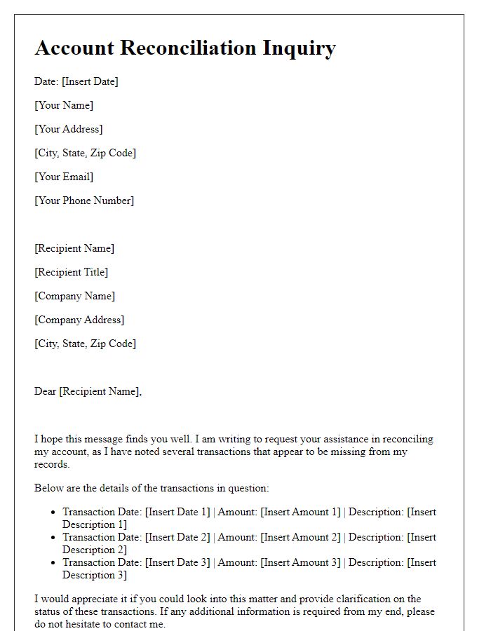 Letter template of account reconciliation inquiry for missing transactions