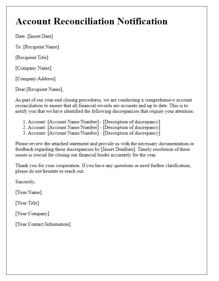 Letter template of account reconciliation notification for year-end closing