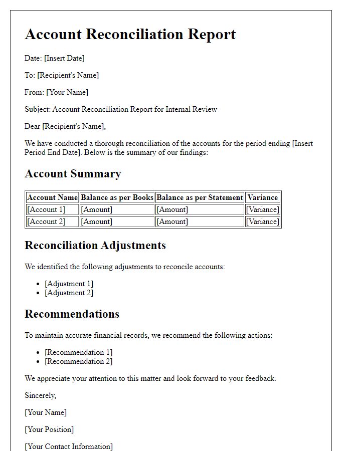 Letter template of account reconciliation report for internal review