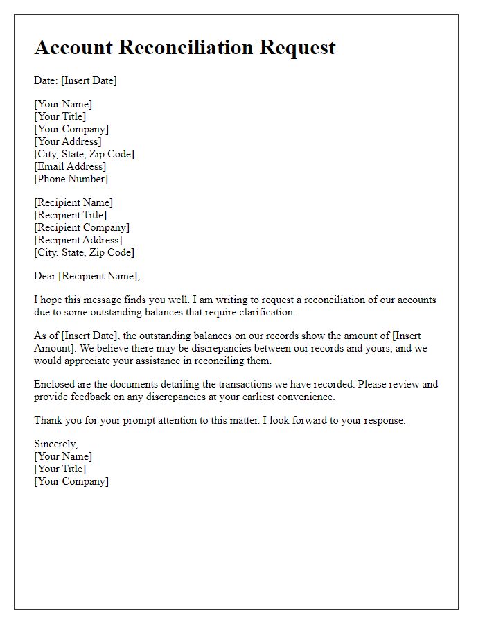 Letter template of account reconciliation request for outstanding balances