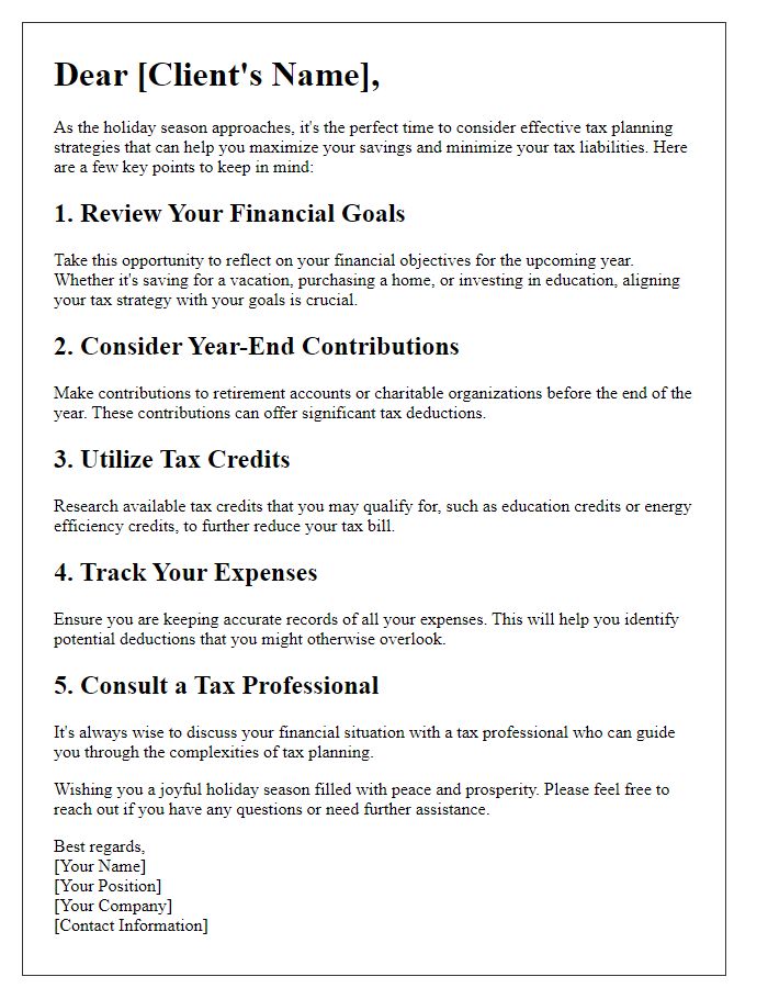 Letter template of effective tax planning for the holiday season