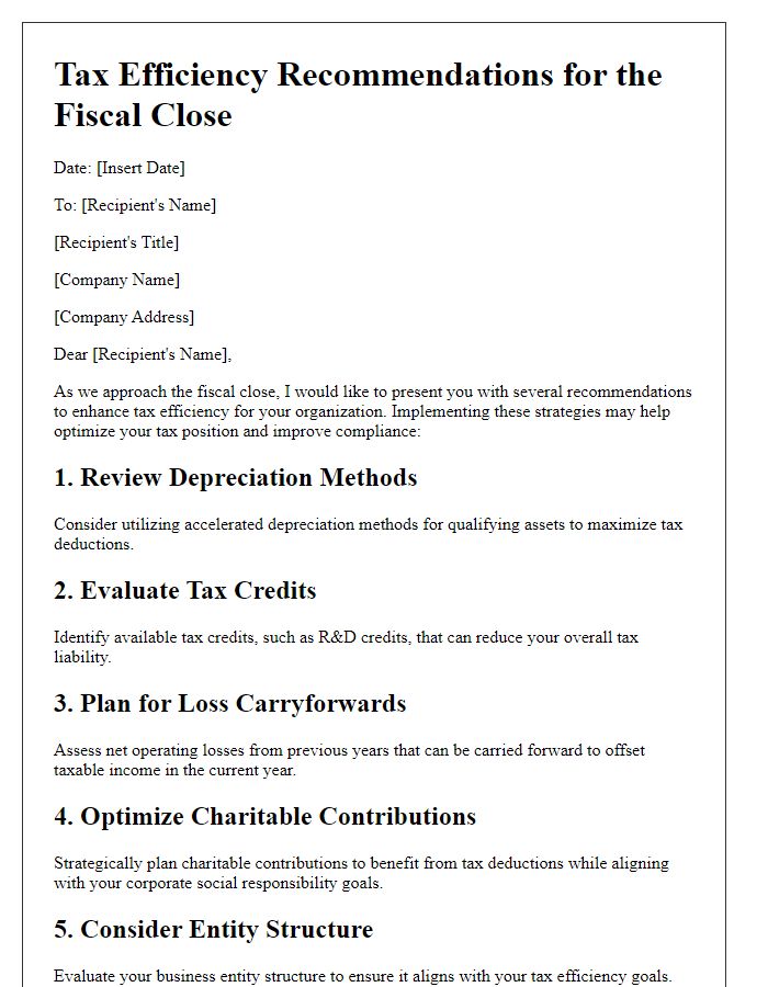 Letter template of tax efficiency recommendations for the fiscal close