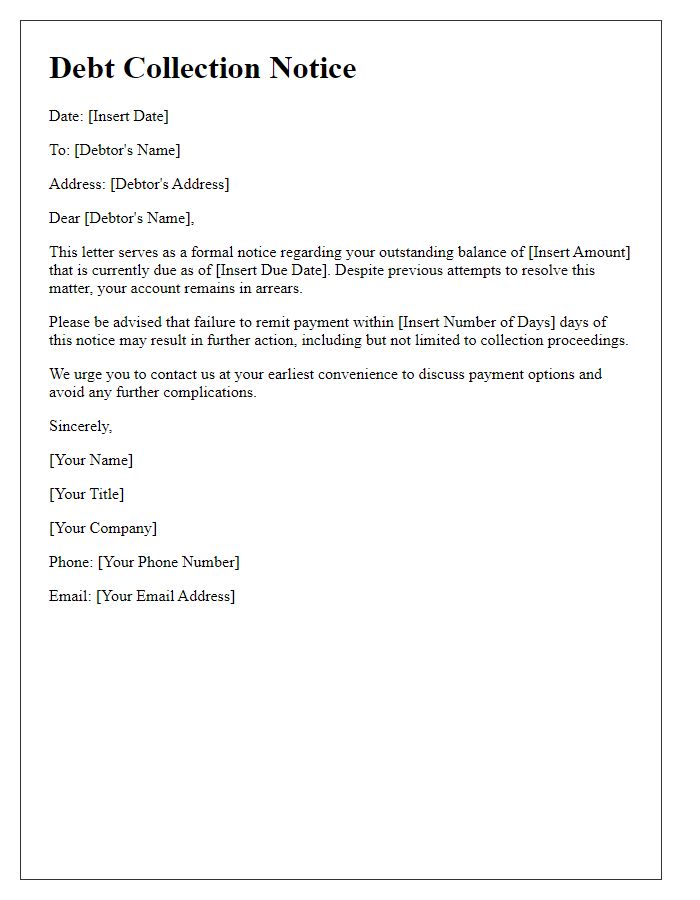 Letter template of debt collection notice