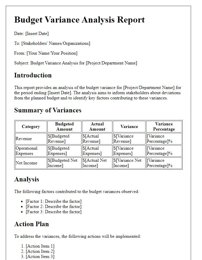 Letter template of budget variance analysis for stakeholders