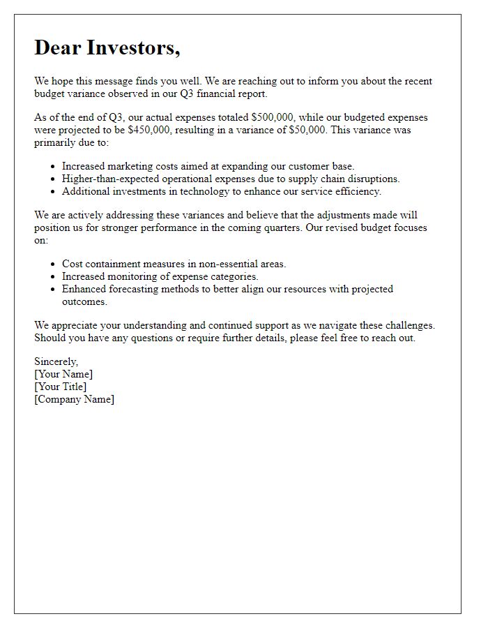 Letter template of budget variance communication for investors