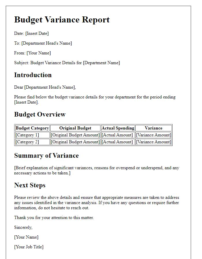 Letter template of budget variance details for department heads