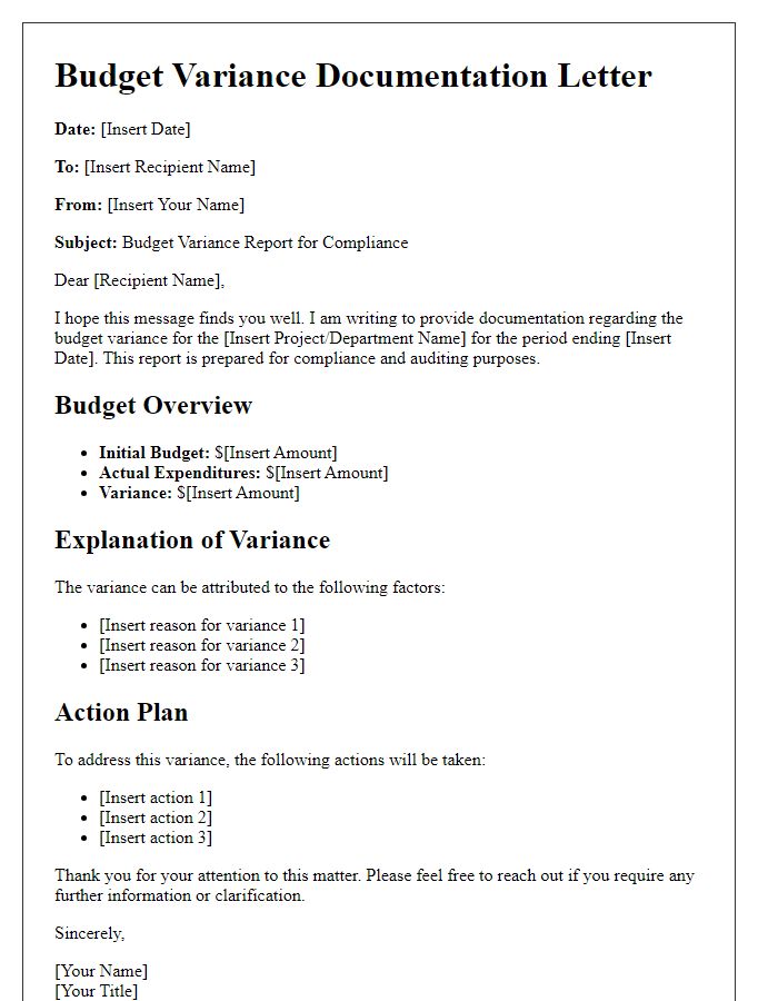 Letter template of budget variance documentation for compliance purposes