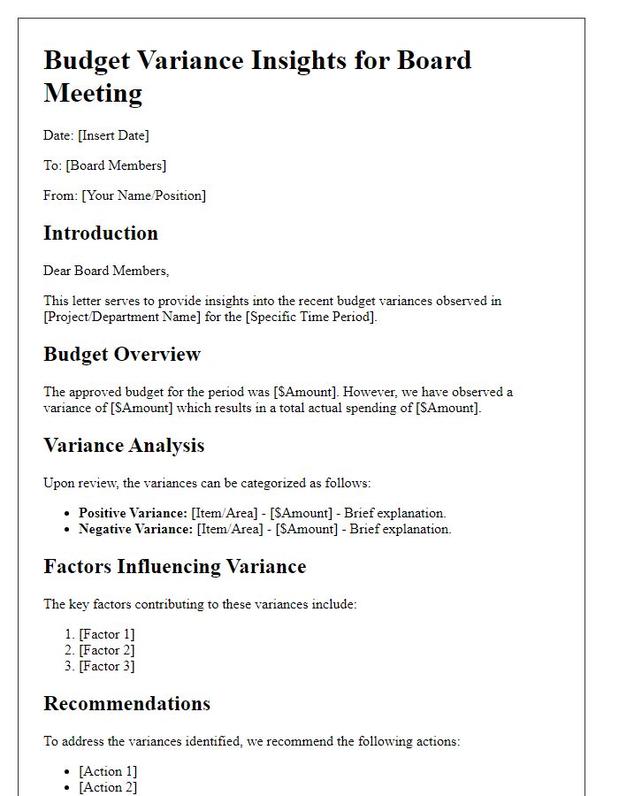 Letter template of budget variance insights for board meetings