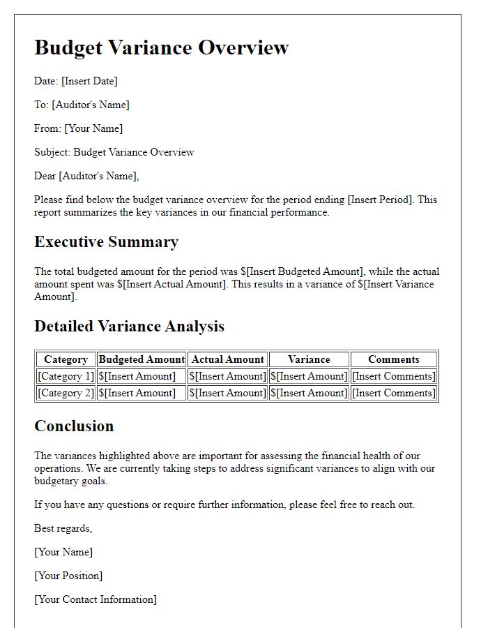 Letter template of budget variance overview for auditors