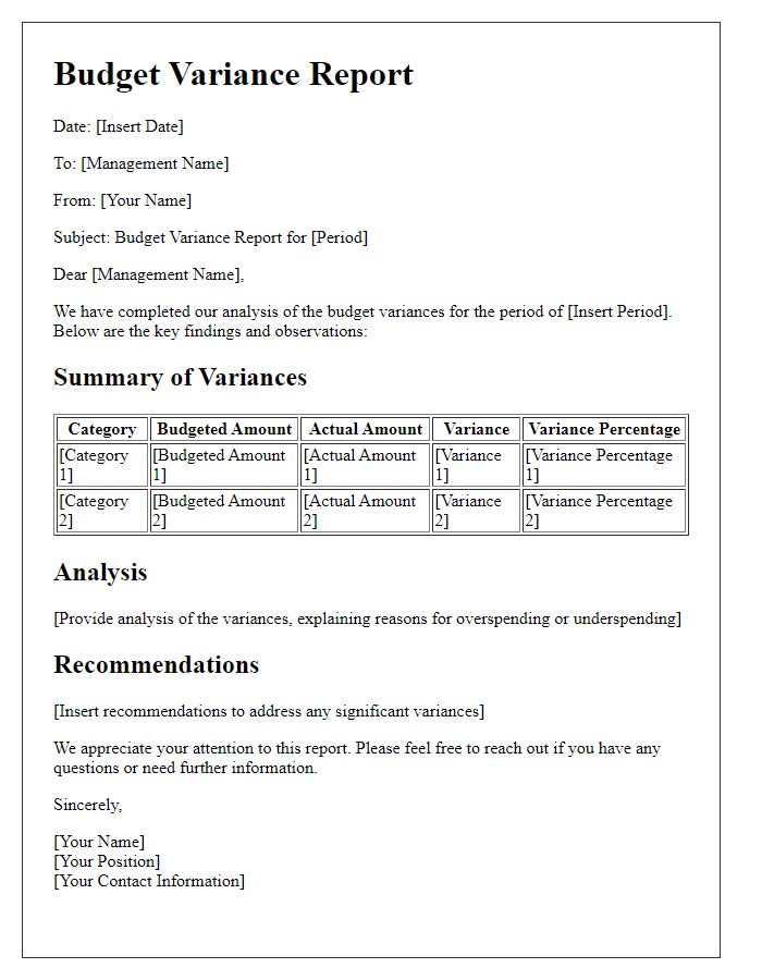 Letter template of budget variance report for management