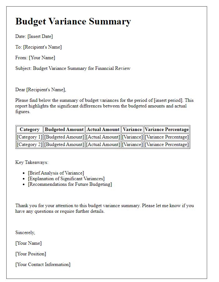 Letter template of budget variance summary for financial review