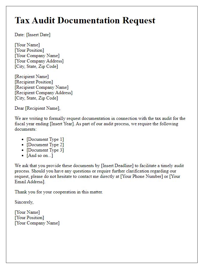 Letter template of formal tax audit documentation request