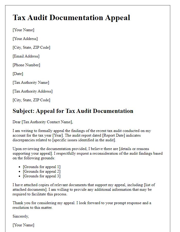 Letter template of tax audit documentation appeal