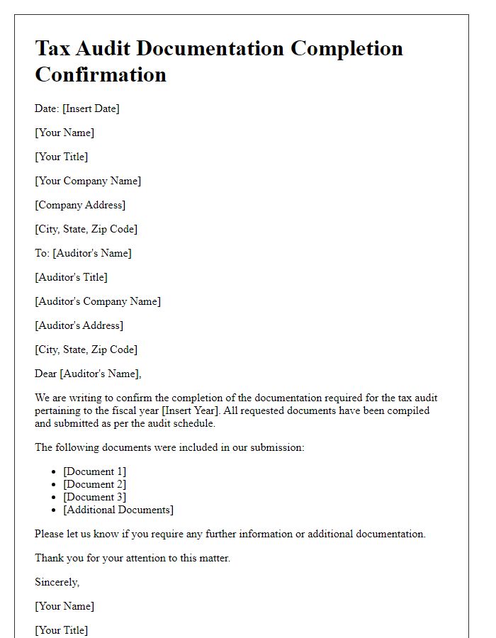 Letter template of tax audit documentation completion confirmation