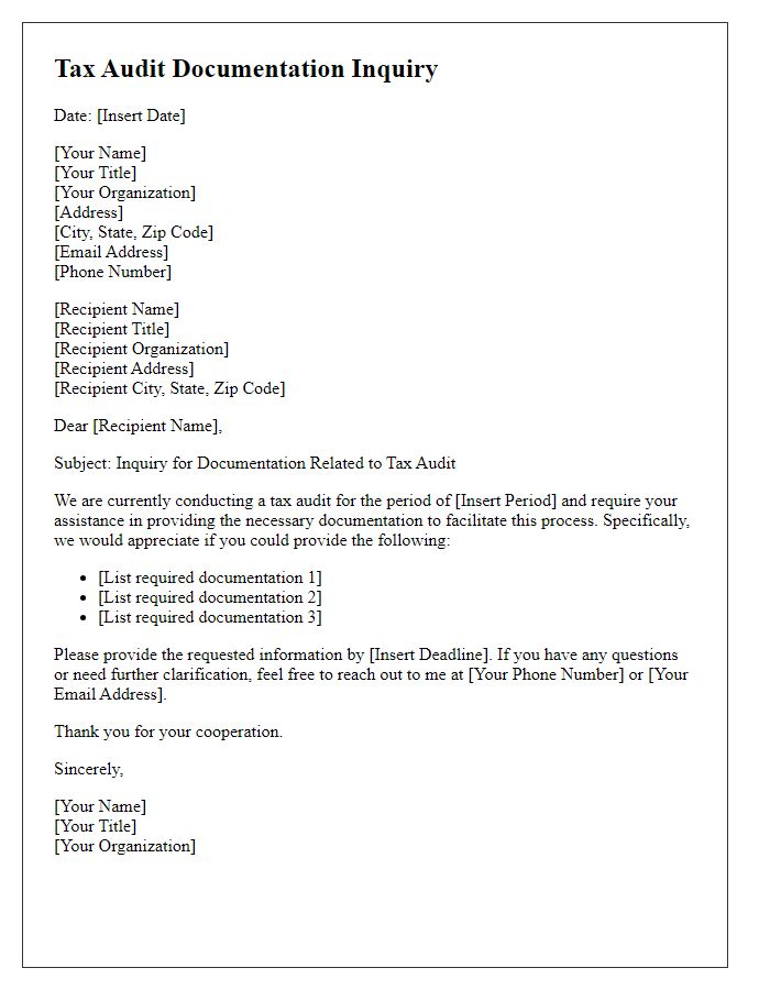 Letter template of tax audit documentation inquiry